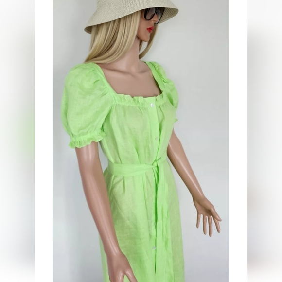 SLEEPER DRESS BRIGETTE GREEN LINEN BELT PUFF SLEEVES MIDI  SMALL - Picture 11 of 16